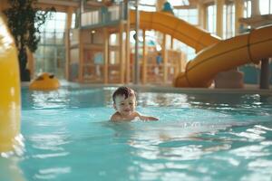 Happy family enjoying quality time with their child at an indoor swimming pool in a resort during summer vacation photo