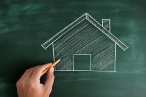 A man drawing a house on a chalkboard representing the concept of home ownership and family stability photo