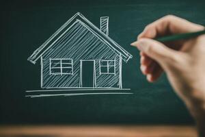 Man drawing a house on a chalkboard, illustrating family and home ownership in a creative learning environment photo
