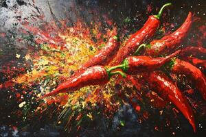 A vibrant explosion of chili peppers creating a striking visual effect on a dynamic abstract background photo