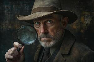 A man intently examining an object with a magnifying glass while wearing a hat in a dimly lit, rustic setting photo