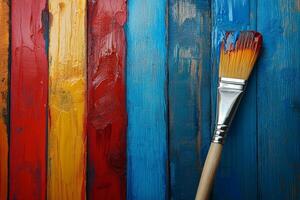 Applying fresh varnish to vibrant wooden panels with a brush, enhancing color and shine in a creative workshop setting photo