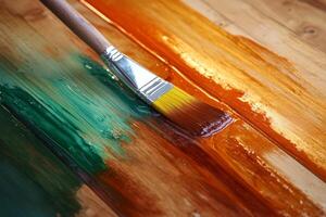 Applying fresh varnish to new wooden panels, enhancing color and shine in a well-lit workspace photo