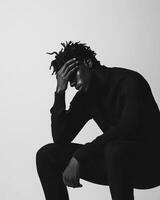A man sits in isolation with his head in his hands, expressing deep contemplation against a light gray monochrome background photo
