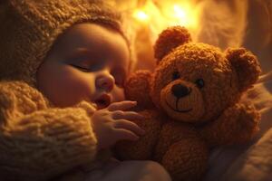 A baby's tiny hand gently touches a soft plush toy in warm ambient light, capturing a tender moment of connection and comfort photo