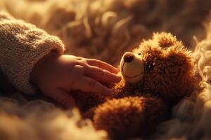 A baby's tiny hand explores a plush teddy bear in warm ambient light during a cozy indoor moment photo
