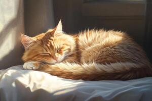 A fluffy cat peacefully curled up in a sunlit spot, enjoying a warm afternoon nap on soft fabric photo