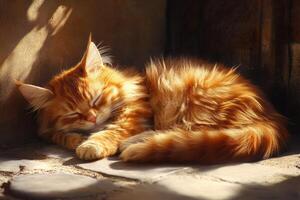 A fluffy cat peacefully curled up in a warm sunlit spot, enjoying a serene afternoon nap on a cozy surface photo