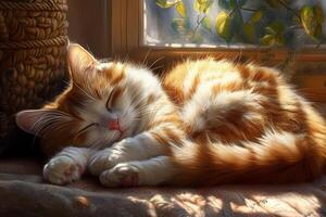 A fluffy orange cat peacefully curled up in a sunlit corner, enjoying warmth and comfort during a tranquil afternoon photo