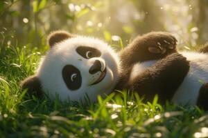 A fluffy panda rolls playfully in the soft green grass under natural light in a serene environment during a sunny day photo
