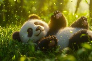 A fluffy panda rolls playfully in lush green grass under soft natural light during a sunny day photo
