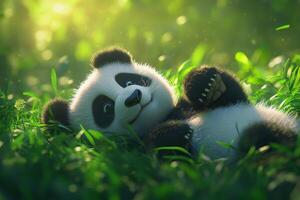 A fluffy panda playfully rolling in green grass under soft natural light photo