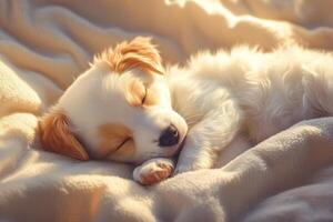 A fluffy puppy sleeping peacefully on a light-colored blanket in warm, gentle light during a serene moment photo