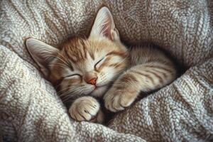A sleepy kitten resting peacefully on a soft knitted cushion in warm natural light during the afternoon photo