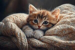 A cozy kitten snuggles on a soft knitted cushion, basking in warm natural light with gentle shadows photo