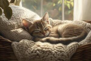 A cozy kitten sleeps peacefully on a knitted cushion in soft natural light by a window, creating a serene atmosphere photo