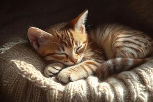A cozy kitten sleeping peacefully on a soft knitted cushion illuminated by gentle natural light photo