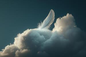A delicate feather gently descends onto a fluffy cloud under soft, diffused light in a serene atmosphere photo