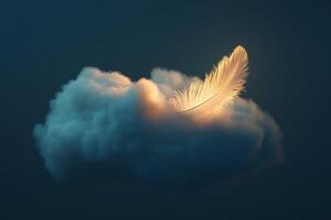 A delicate feather gracefully descends onto a soft, fluffy cloud illuminated by gentle, diffused light in a serene atmosphere photo