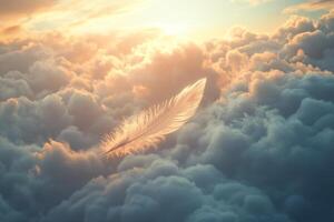A delicate feather floats gracefully onto a soft cloud illuminated by warm, diffused sunlight against a tranquil sky backdrop photo