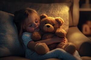 Little girl hugging a soft teddy bear while seated in a cozy armchair surrounded by warm, inviting lighting photo