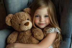 A little girl lovingly embraces her plush teddy bear while sitting in a soft armchair, surrounded by a gentle, relaxing light photo