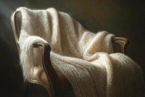 A cozy mohair sweater draped elegantly over a vintage chair in soft morning light, emphasizing its warm texture and delicate fibers photo