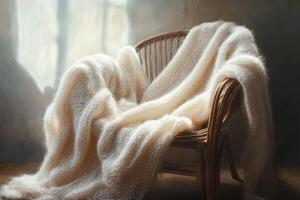 A cozy mohair sweater draped over a chair bathed in gentle light, highlighting its soft texture and warm fibers photo