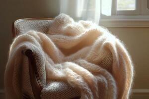 A soft mohair sweater casually draped over a chair in warm, gentle light, showcasing its delicate fibers and inviting texture photo