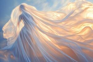 A soft flowing veil billows gently in a warm breeze as delicate light streams through, creating a serene atmosphere at twilight photo