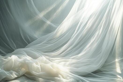 A soft veil billows gracefully in the gentle breeze, illuminated by delicate streams of light filtering through its fabric photo