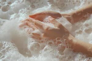 A tranquil moment with women's hands gently submerged in fluffy white foam, illuminated by soft ambient light during a serene setting photo