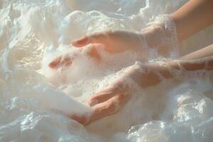 Gentle hands submerged in soft, fluffy foam with soothing ambient light creating a serene atmosphere for relaxation photo