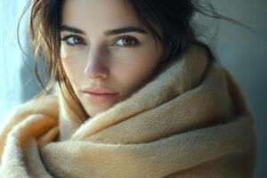 A serene woman wrapped in a soft cashmere scarf, illuminated by gentle light in a tranquil indoor setting photo