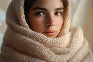 A serene portrait of a woman wrapped in a cashmere scarf, softly illuminated by natural light in a cozy indoor setting photo