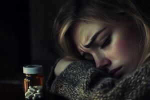 A distressed woman rests her head on her arm beside an empty pill bottle, surrounded by dark and somber tones in a quiet atmosphere photo