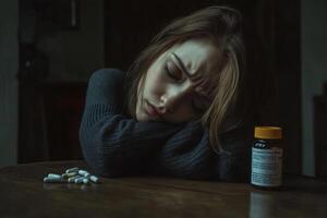 A woman rests her head on her arm, reflecting distress beside an empty pill bottle in a dimly lit room photo