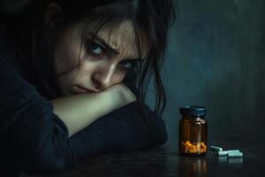 A distressed woman rests her head on her arm beside an empty pill bottle and scattered pills in a dimly lit room photo