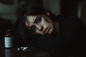 A woman rests her head on her arm, looking distressed with an empty pill bottle and scattered pills in a dimly lit room photo