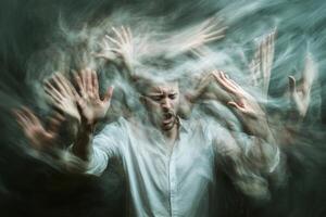 High-energy abstract representation of a stressed man as multiple hands reach out in a chaotic blur, conveying frustration and anxiety photo