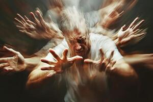 An abstract portrayal of a man under stress as multiple hands reach toward him in a dynamic, blurred motion depiction photo