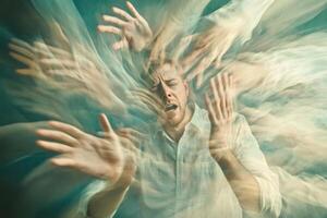 A high-energy portrayal of a stressed man surrounded by swirling hands, capturing the essence of overwhelming pressure in a modern environment photo