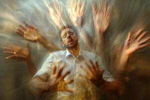 A stressed man surrounded by blurred hands in a high-energy abstract representation of anxiety and overwhelm in a chaotic environment photo