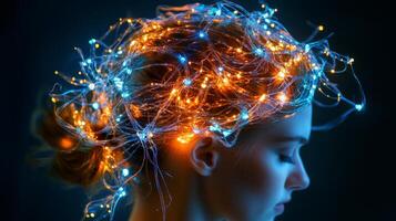 Abstract representation of a human brain with glowing neurons in blue and orange hues, showcasing a high-tech medical theme photo