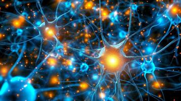 An abstract depiction of a human brain with glowing interconnected neurons, showcasing high-tech medical concepts in vibrant blue and orange hues photo