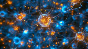 A vibrant abstract representation of a human brain displaying interconnected neurons glowing in blue and orange lights in a high-tech environment photo