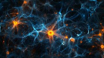 An abstract representation of a human brain showcasing interconnected neurons with vibrant blue and orange lights illuminating the neural pathways photo