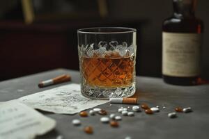 A glass of whiskey with scattered pills and cigarettes on a gray tabletop, creating a gritty, moody atmosphere in low light photo