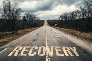 Empty road with 'Recovery' painted on the pavement, stretching into the horizon under an overcast sky, conveying a hopeful message photo