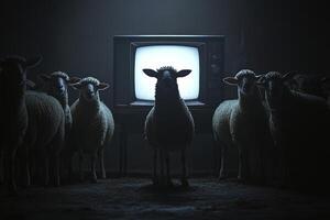 Sheep gather around an old television in a dark space, illustrating conformity and the impact of media on society's behavior photo